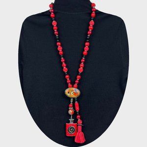 Lacquer Pin Pendant on Eclectic Beaded Necklace - Mix of Countries & Cultures